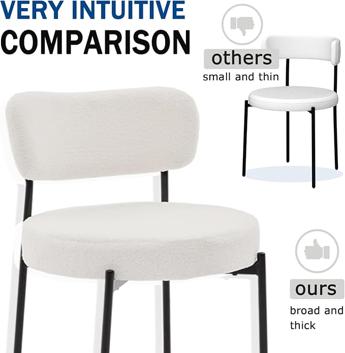White Boucle Dining Chairs Set of 6, Upholstered Dinner Chair with Metal Frame, Dining Room Chairs with Padded Seat, Round Modern Seating for Living Room