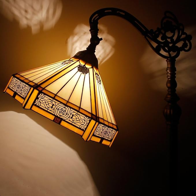 WERFACTORY Tiffany Floor Lamp Mission Hexagon Stained Glass Arched Lamp 12X18X64 Inches Gooseneck Adjustable Corner Standing Reading Light Decor Bedroom Living Room S011 Series