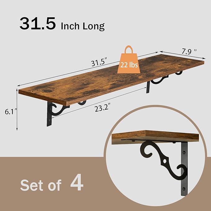 DINZI LVJ Long Wall Shelves, 31.5" Large Floating Shelves Set of 4, Farmhouse Display Shelf Wall Mounted with Heavy Duty Brackets, Easy Assembly for Kitchen, Bathroom, Bedroom, Balcony, Rustic Brown