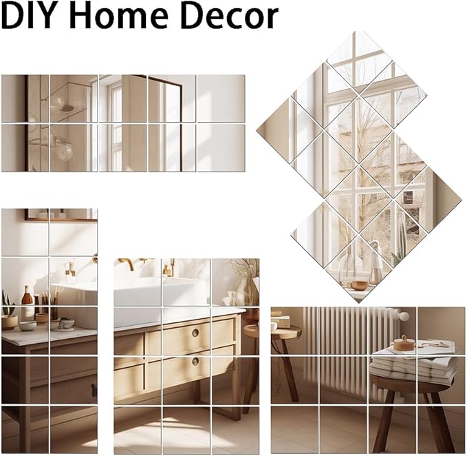 Vlush Home Gym Mirror Tiles 11'' x 11'' x 12PCS Adhesive Full Body & Full Length Mirror Wall Mounted Mirrors Decorative for Home Gym, Door, Bedroom & Bathroom