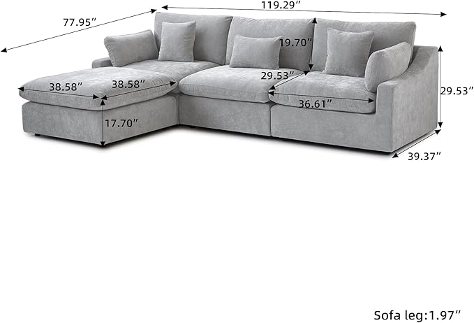 WJShome 120" Cloud Couch Sectional for Living Room, L Shape Down Filled Modular Sectional Sofa Couch,Convertible Couched with Ottoman, Sofa Covers Washable&Replaceable,Gray