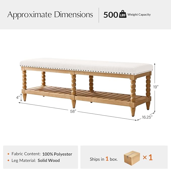 HULALA HOME Farmhouse Entryway Bench, 58" Fabric Bed Bench with Shelf, Solid Spindle Legs, Nailhead Trim Detail for Bedroom, Living Room, Hallway, Ivory