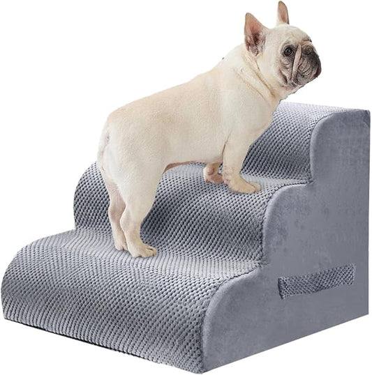 PAWSCART Dog Stairs for Small Pets, 17.7" H with 30D Material Soft Foam, Portable Ramp Non-Slip Surface Non-Slip for Couch and High Bed Climbing, 3-Step Stairs for Cat or Dog, LightGrey