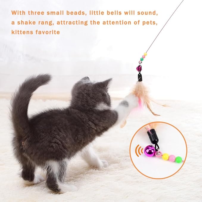 20 Pack Cat Feather Toy Wand, Interactive Pet Kitten Chaser Teaser Wire Wand with Bell Beads for Cat Exercise Play Fun Gifts - Wholesale