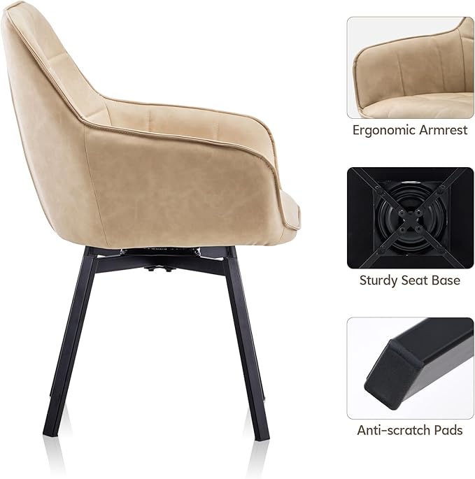 TUKAILAi Modern Swivel Armchairs Set of 6, Faux Leather Upholstered Accent Dining Chairs with Metal Legs, Rotatable Leisure Chair for Kitchen Guest Reception Restaurant Commercial (Cream)