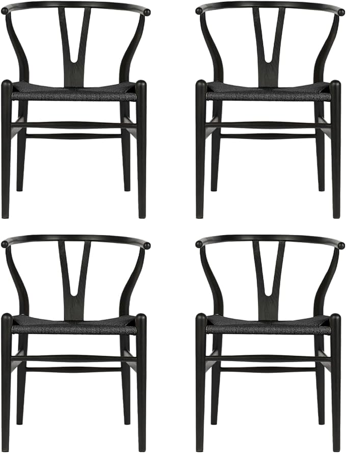 Tomile Wishbone Chair Y Chair, Wooden Dining Chairs Set of 4, Mid Century Modern Chairs with Arms, Solid Wood Weave Seat Kitchen & Dining Room Chairs (Ash Wood - Black)