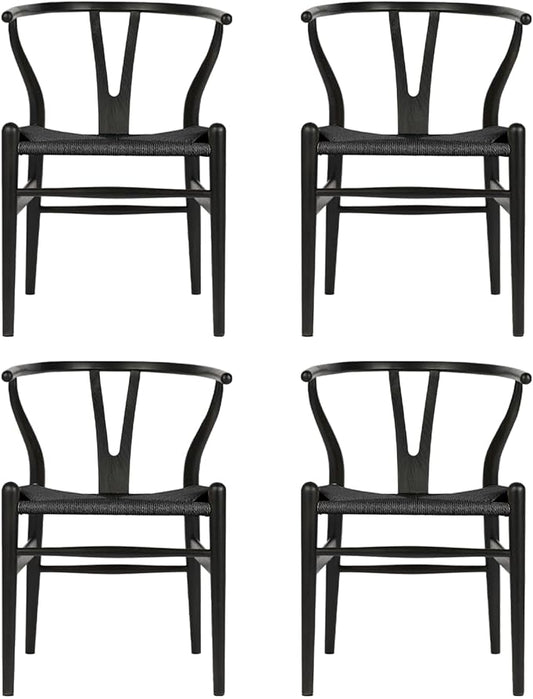 Tomile Wishbone Chair Y Chair, Wooden Dining Chairs Set of 4, Mid Century Modern Chairs with Arms, Solid Wood Weave Seat Kitchen & Dining Room Chairs (Ash Wood - Black)
