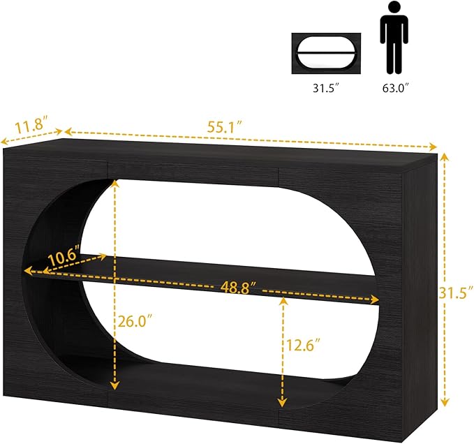 55-Inch Entryway Table with Storage, 3-Tier Console Tables, Behind Couch Table Wood Narrow Console Tables for Entryway, Living Room, Foyer, Hallway, Entry (Black)