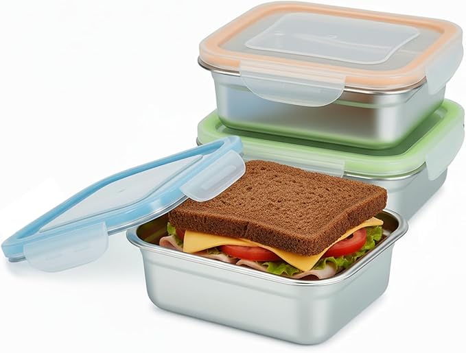 Set of 3 Stainless Steel Sandwich Containers - Food Grade Metal Base with a BPA Free Leakproof & Airtight Silicone Seal Lid. Great for Sandwiches, Snacks, Meal Prep & Food Storage - Blue/Green/Orange