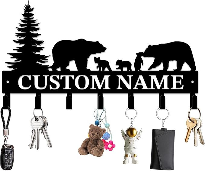 Personalized Custom Name Bear Key Wall Hooks,Metal Bear Keys Clothes Hooks,Metal Bear Wall Home Storage Decorative,For Front Door, Hallway, Kitchen, Bedroom,Keys,Hats (Style J)