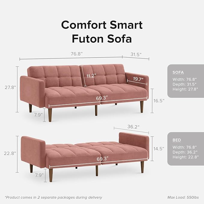 mopio Aaron 76.8" Couch, Small Futon Sofa Bed, Sleeper, Loveseat, Mid Century Modern Futon Couch, Sofa Cama, Couches for Living Room, Bedroom (Old Rosa, Velvet)