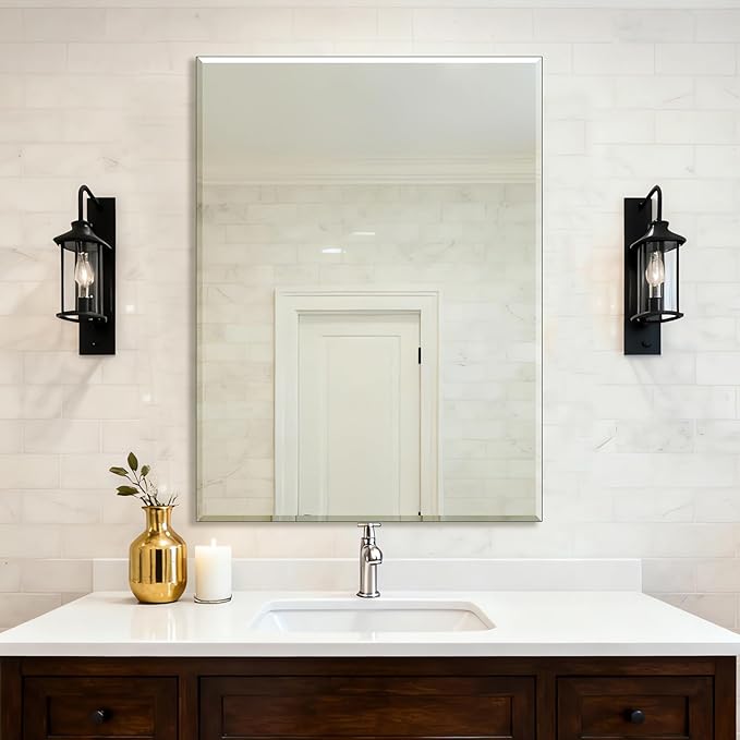 Ruomeng Frameless Mirror for Wall, 48x36 Inch Bathroom Vanity Mirror Farmhouse, Large Rectangle Mirror with Beveled Edge, Tempered Glass, Hangs Horizontally or Vertically