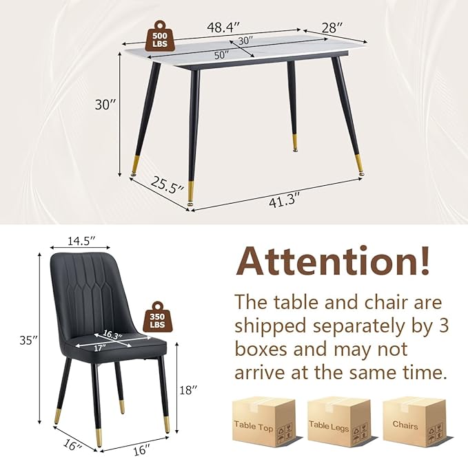 50'' Dining Table Set for 4, Dining Room Sets for 4, Sintered Stone Dining Table Chairs Set of 4, Easy to Assemble，Suitable for Small Spaces