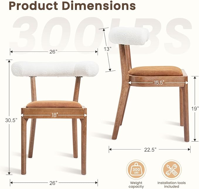 Kmax Dining Room Chairs Mid-Century Modern Leather Kitchen Chairs with Natural Walnut Finished Frame, Fur White Curved Back, 2-Pcs Set, PU Brown