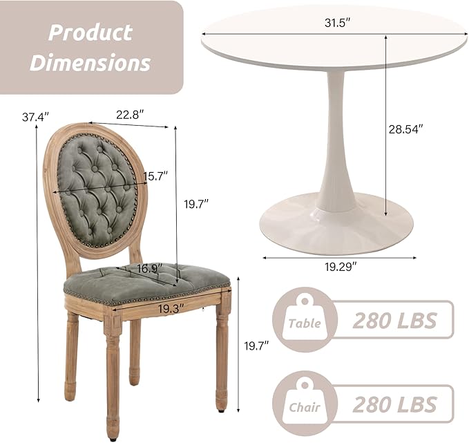 SoarFlash Kitchen Table and Chairs for 2, 31.5" Dining Table Set for 2 with French Dining Chairs, 3 Piece Round Kitchen Table Set, Dining Room Table Set for Small Space, Apartment