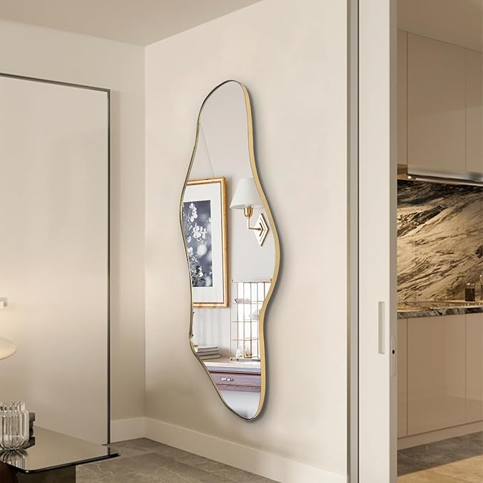 Large Irregular Mirror, Gold Asymmetrical Mirrors, 55"x25.6" Abstract Full Length Mirrors with Metal Frame, Cloud Shaped Mirror for Living Room Bathroom Bedroom Hallway Entryway Fireplace