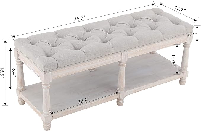 Mid Century Tufted Storage Bench with Shelf, Linen Upholstered Farmhouse Entryway Shoe Bench Ottoman Bed End Stool with Padded Seat, Rustic Bench for Bedroom Living Room Dining Room, Beige