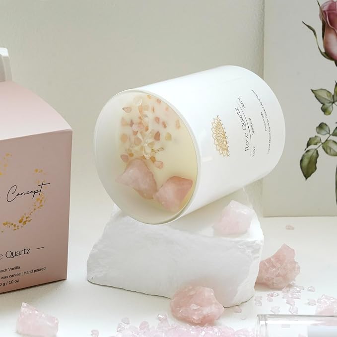 ‎ava concept - Crystal Candle Rose - Quartz French Vanilla Scented - Soy Candles - Home Decor Aromatherapy - Glass Jar Birthday, Wedding Gift Set for Women 10 oz