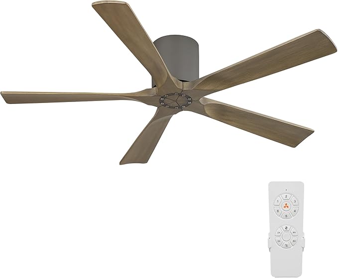 ELEHINSER 52 inch Low Profile Ceiling Fan without Light, 5 Solid Wood Blades, 6-Speed, Quiet DC Motor, Timer, Flush Mount Modern Ceiling Fan No Light with Remote for Living Room Bedroom, Charcoal Grey