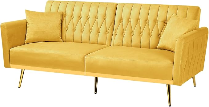 70” Velvet Futon Sofa Bed w/Adjustable Armrests & 2 Pillows, Convertible Futon Couch w/Adjustable Backrests, Modern Sleeper Bed for Living Room, Bedroom, Yellow