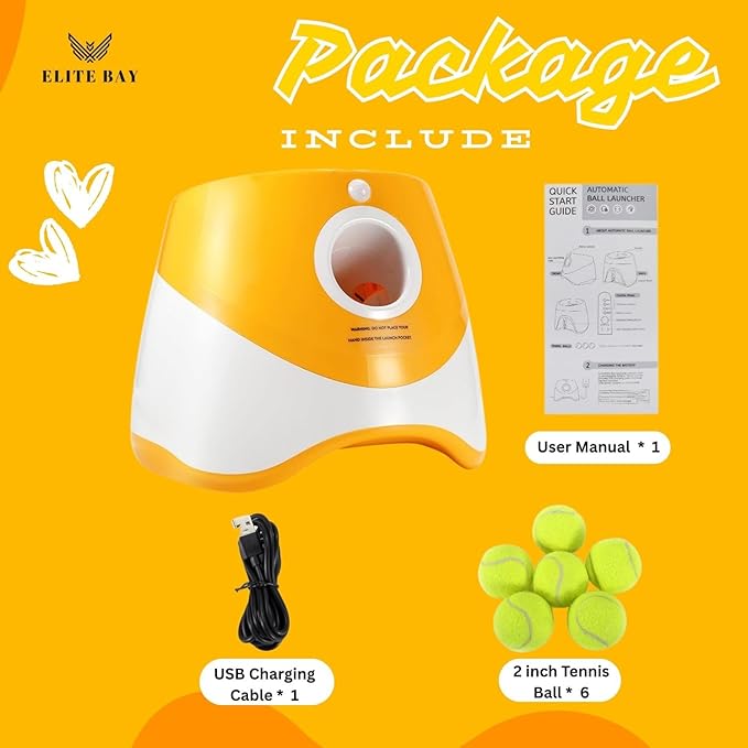 Automatic Dog Ball Thrower – Interactive Pet Toy with USB Charging | Includes 6 Soft 2-Inch Balls | Hands-Free Fetch Launcher for Small & Medium Dogs | Durable ABS Build | Orange Dog Toy