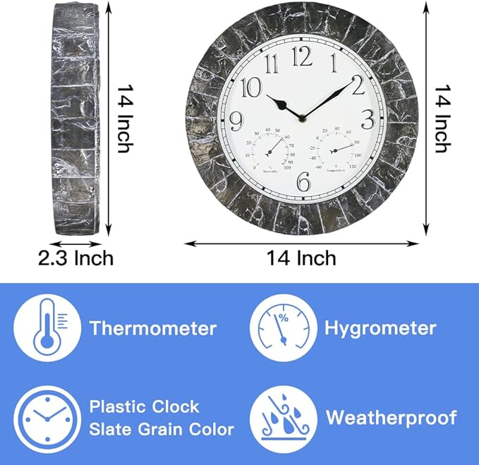 BESTIME CC-941 14-Inch Plastic Clock Slate Grain Color.Thermometer,Hygrometer.Indoor,Outdoor,Weatherproof,Weather Resistant,Ideal,Garden,Farmhouse.