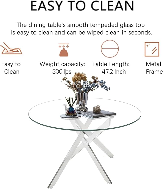 Goujxcy Round Dining Table Set for 6, Modern Glass Kitchen Table and Chairs Set of 6, 7 Piece Dining Room Table Set with 47" Circle Silver Metal Glass Dinner Table and 6 Grey Leather Dining Chairs