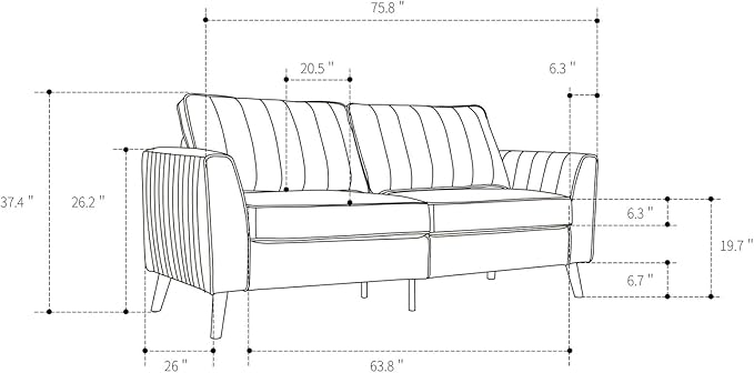 Artechworks Handmade Sofa Couch, 3-Seater 76" Wide W/Fresh Sand Gray Style Linen, Modern Mid-Century Fusion Stylish Couch French Piping Design Sofa for Living Room Apartment Lounge, Reception,Sand
