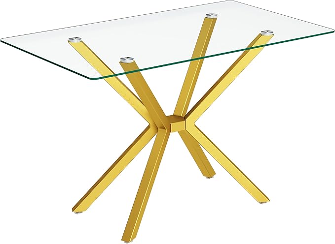 47" Tempered Glass Dining Table for 4, Modern Kitchen Table Rectangle Top, Geometric Metal Leg, for Apartment Dining Room Restaurant (Gold)