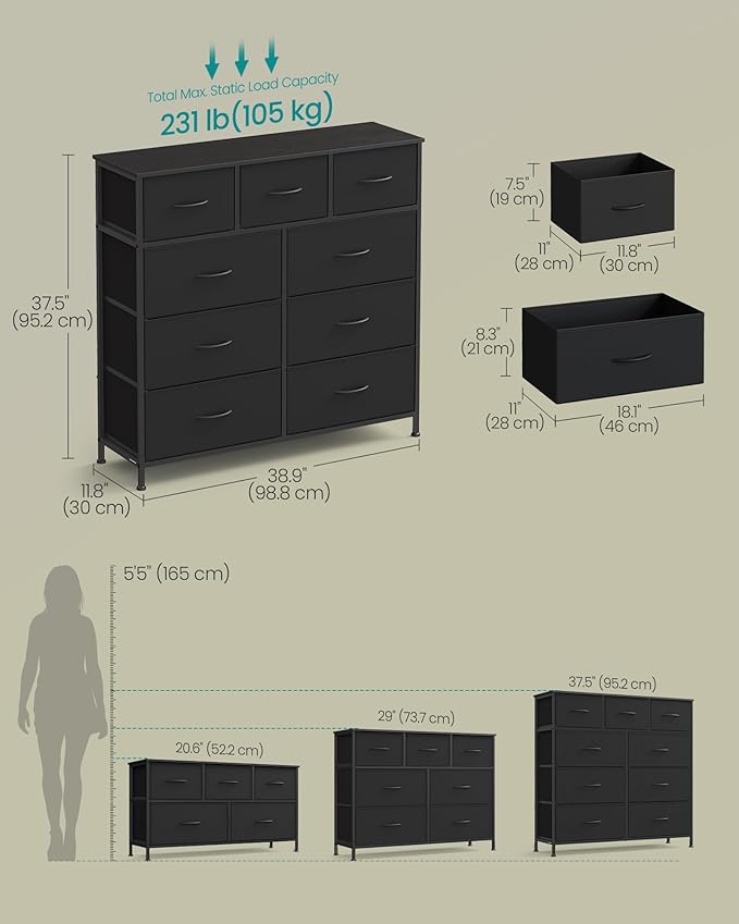 SONGMICS Dresser for Bedroom, Chest of Drawers, Steel, MDF, 9 Non-Woven Fabric Drawers, Storage Organizer Unit, Closet, Entryway, Ink Black and Ebony Black LGS324B01S