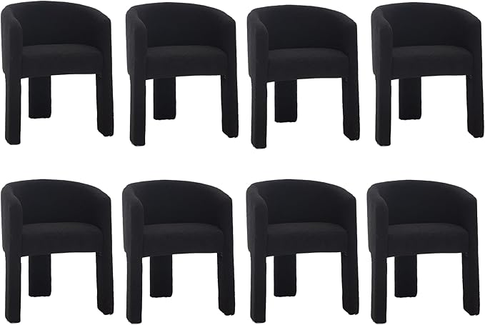 Modern Sherpa Barrel Dining Chairs Set of 8, Upholstered Boucle Dining Chairs Accent Chairs with Arms Comfy Makeup Vanity Chairs, Dining Living Room Kitchen Chairs, Black