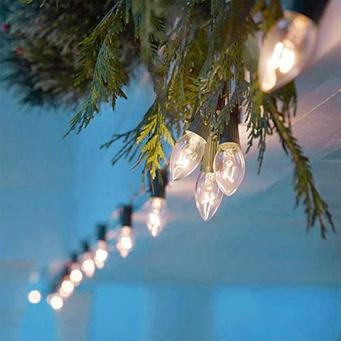 Couah C7 Christmas String Lights-25Ft Vintage Clear Lights with 27 Clear Incandescent Bulbs (2 Spare), Outdoor String Lights for Christmas Party Backyard Wedding - Green Wire