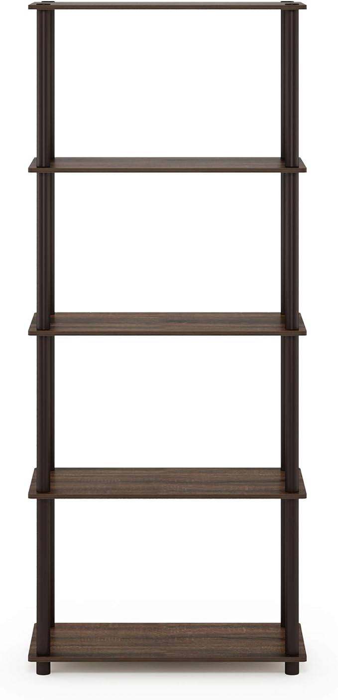 Furinno TURN-N-TUBE Storage Shelves, 5-Tier Book Shelf, Corner Shelf, Toolless Open Shelves, for Organization and Storage, Living Room, Garage, Home Office, Walnut