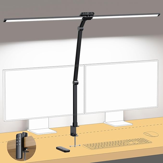 TROND LED Desk Lamp with Clamp, 29.55'' Tall Desk Light with Remote, 1500LM Bright Table Lamp, Swing Arm Clip on Light, Eye-Caring, Touch Control Dimmable for Home Office Monitor Reading Study Task