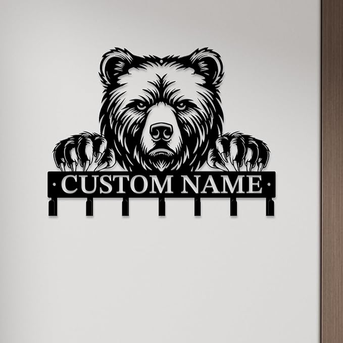 Personalized Custom Name Bear Key Wall Hooks,Metal Bear Keys Clothes Hooks,Metal Bear Wall Home Storage Decorative,For Front Door, Hallway, Kitchen, Bedroom,Keys,Hats (Style B)