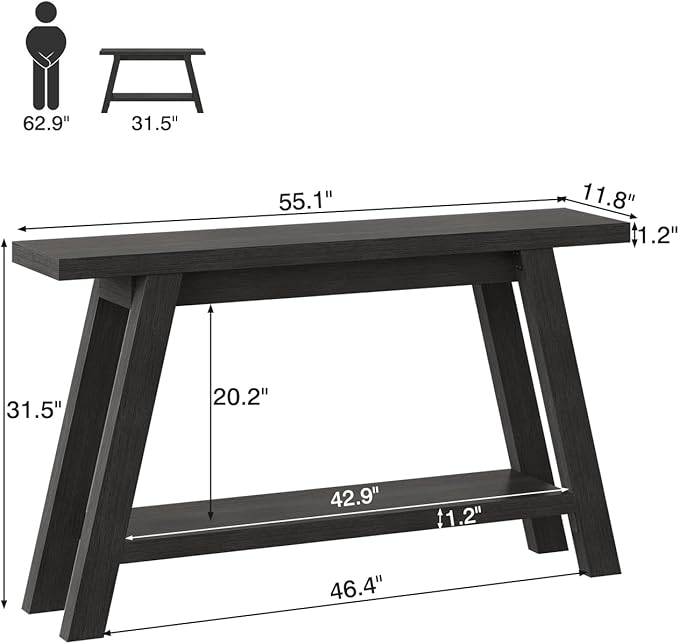 Black Console Table, 55Inch Entryway Console Tables 2-Tier Narrow Wood Console Table Behind Couch Sofa Tables for Living Room, Entryway, Hallway (Black)