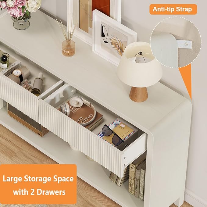 FATORRI Entryway Console Table with 2 Drawers, Modern Sofa Table for Living Room, Couch Tables Behind Sofa and Hallway Tables with Storage (47.2 inch, Antique White)