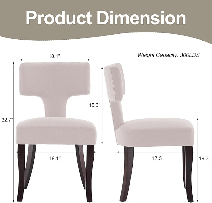 Mid Century Modern Dining Chairs Set of 4, Upholstered Side Dining Chairs with Curved Back Linen Fabric Armless Wood Chairs Kitchen & Dining Room Farmhouse Chairs (White)