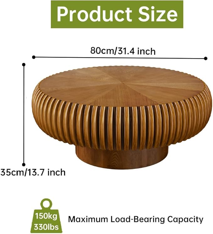 Brown Round Coffee Table for Living Room Round Fluted Drum Coffee Table Modern Fluted Coffee Tables for Living Room (Brown, 31.4 inch)