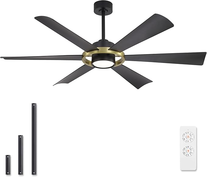 ELEHINSER 60" Ceiling Fan with Lights - 6 ABS Plastic Blades, 3 Downrods, 6-Speed Reversible DC Motor, 3CCT, Windmill Ceiling Fan for Kitchen Bedroom Living Room, Black and Brass