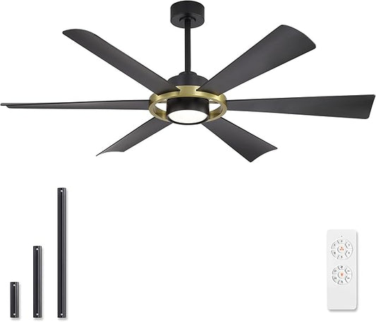 ELEHINSER 60" Ceiling Fan with Lights - 6 ABS Plastic Blades, 3 Downrods, 6-Speed Reversible DC Motor, 3CCT, Windmill Ceiling Fan for Kitchen Bedroom Living Room, Black and Brass