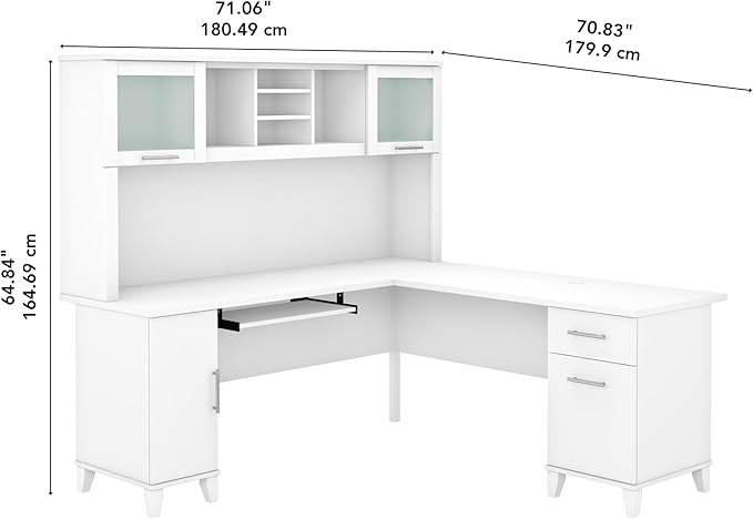 Bush Furniture Somerset L Shaped Desk with Hutch in White | Corner Computer Table with Drawers, Cabinets and Pullout Keyboard/Laptop Tray for Home Office