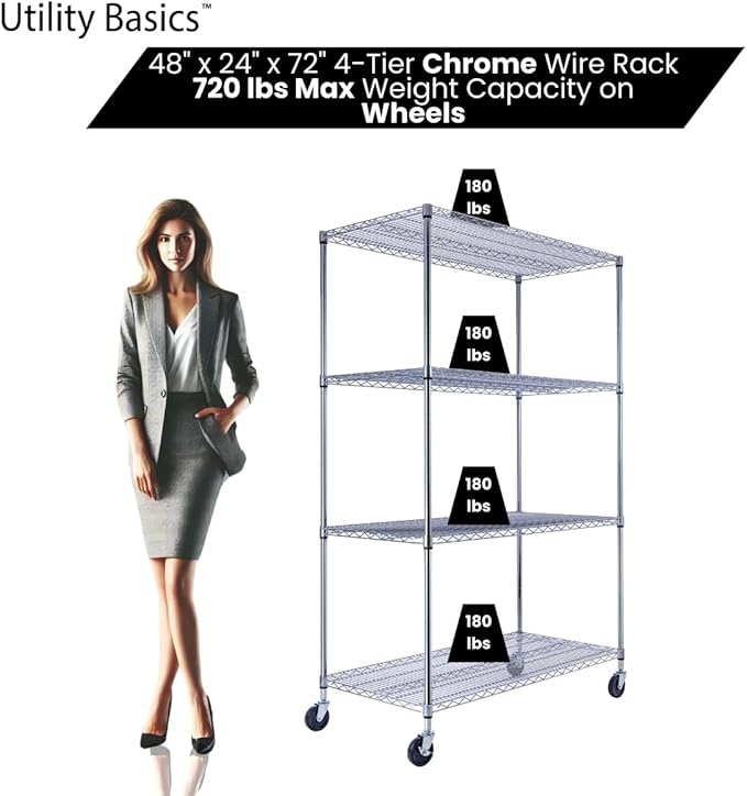 NSF Commercial 4-Tier Wire Shelving with Wheels, 48"x24"x72" Heavy Duty Metal Shelves 3200 lbs Max Capacity, Chrome Storage Rack for Garage Kitchen Pantry Warehouse