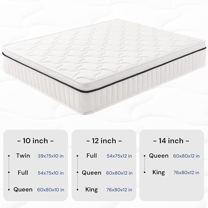 Full Mattress 10 Inch Hybrid Mattress - Medium Firm, Pocket Spring & Foam, White, Full Size - CertiPUR-US Certified