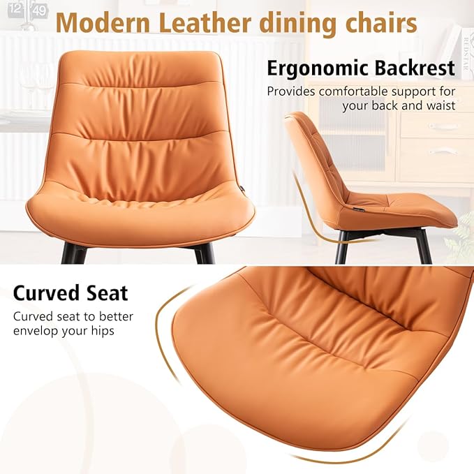 Kidol & Shellder Dining Chairs Set of 2, Modern Upholstered Faux Leather Kitchen Side Chairs with Comfortable Back - Mid-Century Armless Chair for Dining living Room Bedrooms, with Metal Legs (Orange)