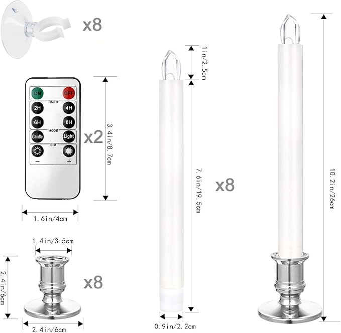 YAUNGEL Window Candles, 8 Pack LED Battery Operated Christmas Candles for Windows with Remote Electric Candle Lights with Removable Candle Holders Suction Cups for Christmas Decorations, Silver