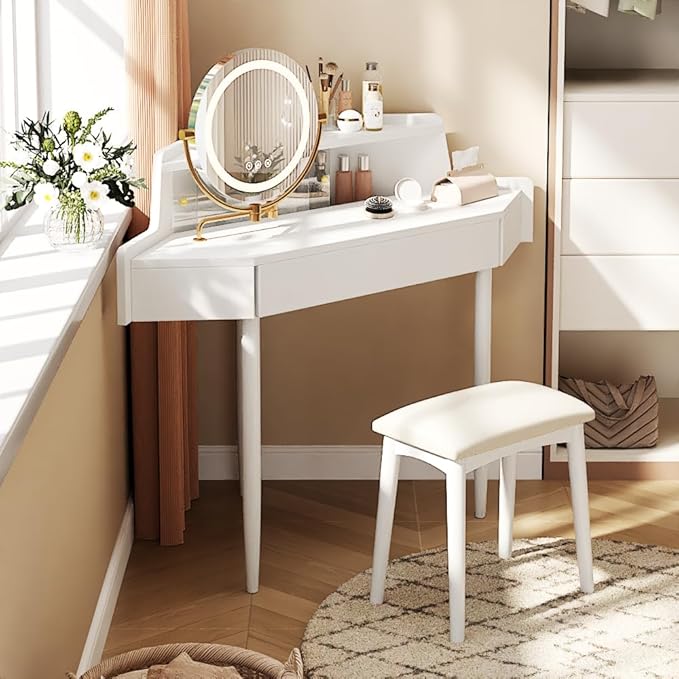 Merax Corner Vanity Desk with Mirror and Lights and Stool, White Makeup Vanity with Storage & Adjustable Light, Girl Glass Top Dressing Table with Small Sliding Glass Door, Drawer and Display Shelf