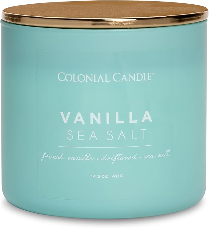 Colonial Candle Vanilla Sea Salt Scented Candle, Pop of Color Collection, 3 Wick, Blue, 14.5 oz - Up to 60 Hours Burn