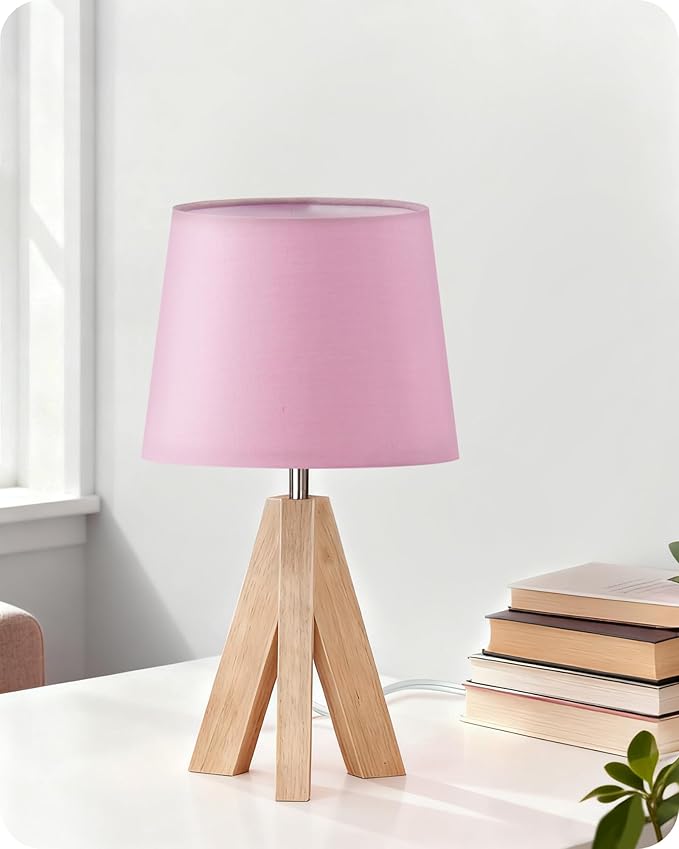 Small Tripod Table Lamp, Modern Nightstand Lamp with Fabric Shade, Boho Bedside Wood Desk Light for Bedroom, Kids Room, Living Room, Office, Study, Pink, P51TL05