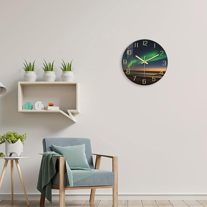 Beach Wall Clock for Bedroom 14 Inch Glass Silent Wall Clock Battery Operated Analog Clocks Wall Decorative